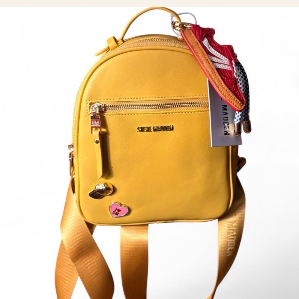 Steve Madden BBLogo Mustard Yellow Mini Backpack w sneaker charm & fun pins - Picture 2 of 8
